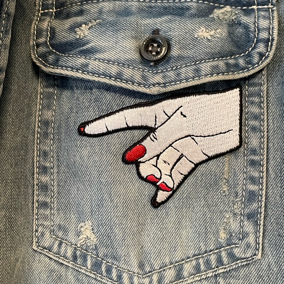 Upcycled Two-Tone Denim Shirt Jacket with Patches - Picture 3 of 5